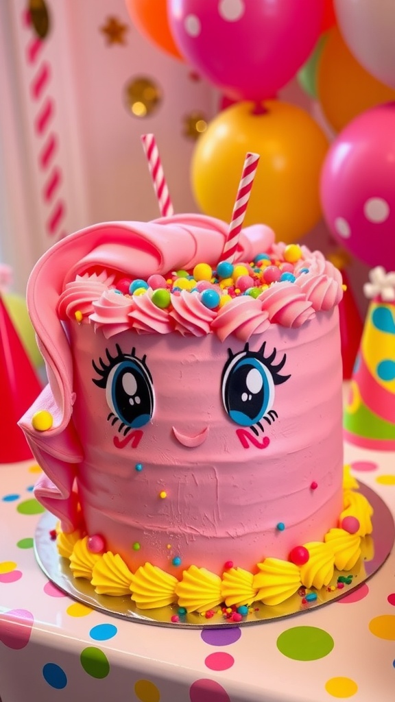 A cheerful layered cake with pink and yellow frosting, decorated with colorful sprinkles, perfect for a child